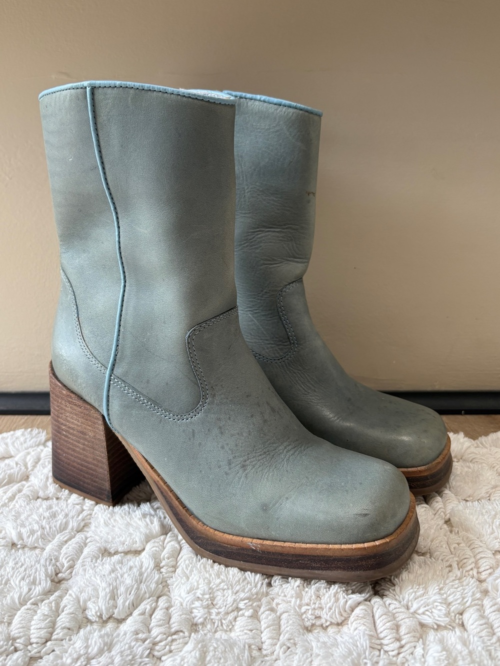 Vintage 90s Connie Too Platform Boots Size 8.5 - Blue Leather & Chunky Wood Heel